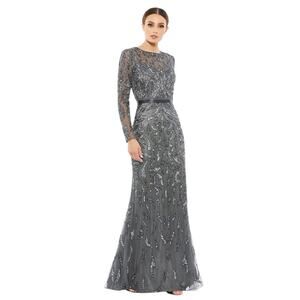 NWT MAC DUGGAL Charcoal Beaded Sequins Sheer Long Sleeve Evening Gown Women’s